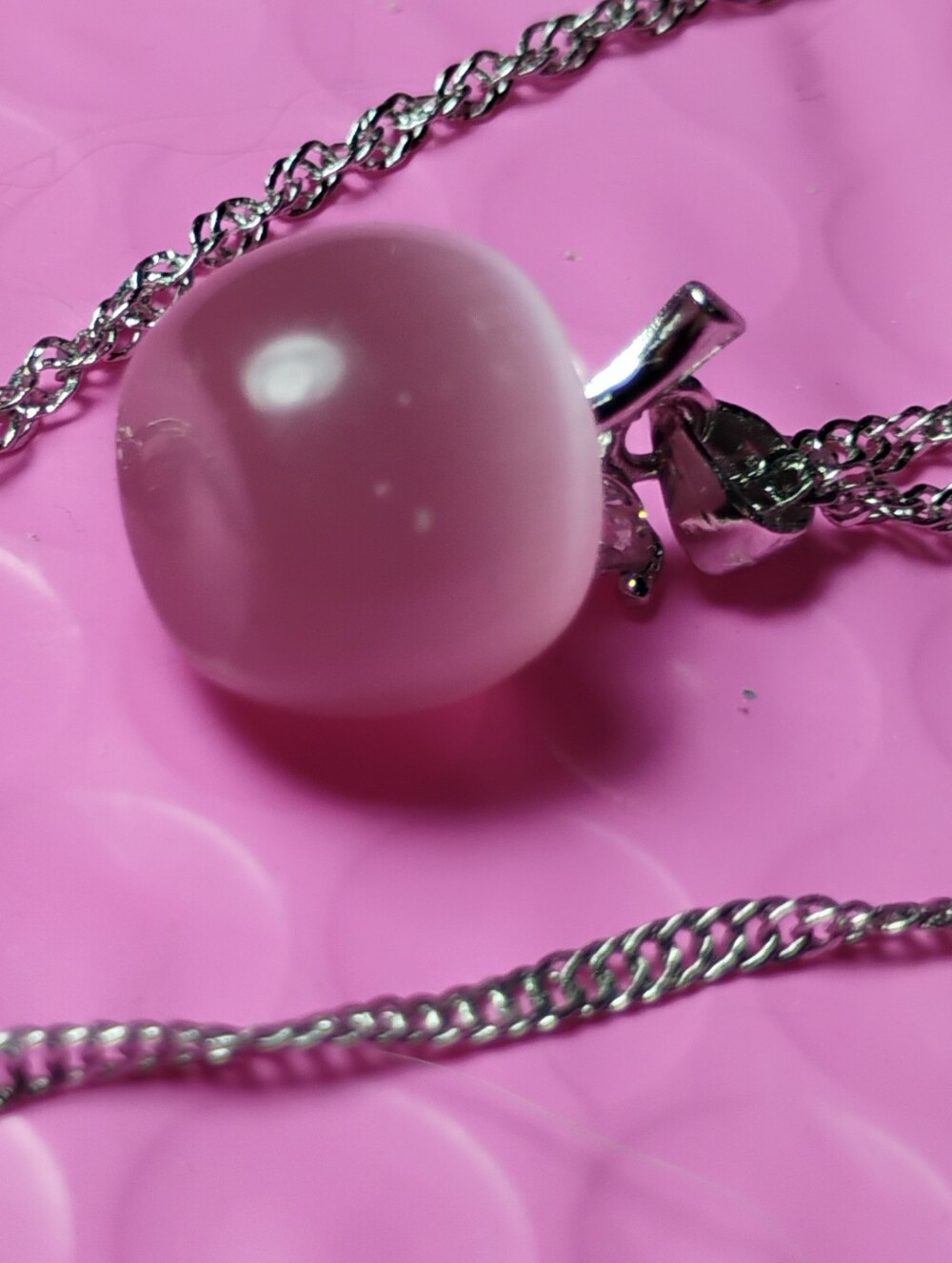 18" Full Length 925 Silver Chain Necklace with Pink Bead Pendant - Women Jewelry
